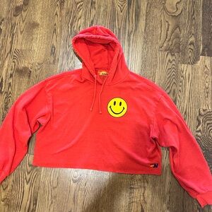 Aviator Nation Red Cropped Hoodie with Smiley Face